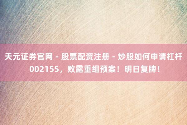 天元证券官网 - 股票配资注册 - 炒股如何申请杠杆 002155，败露重组预案！明日复牌！